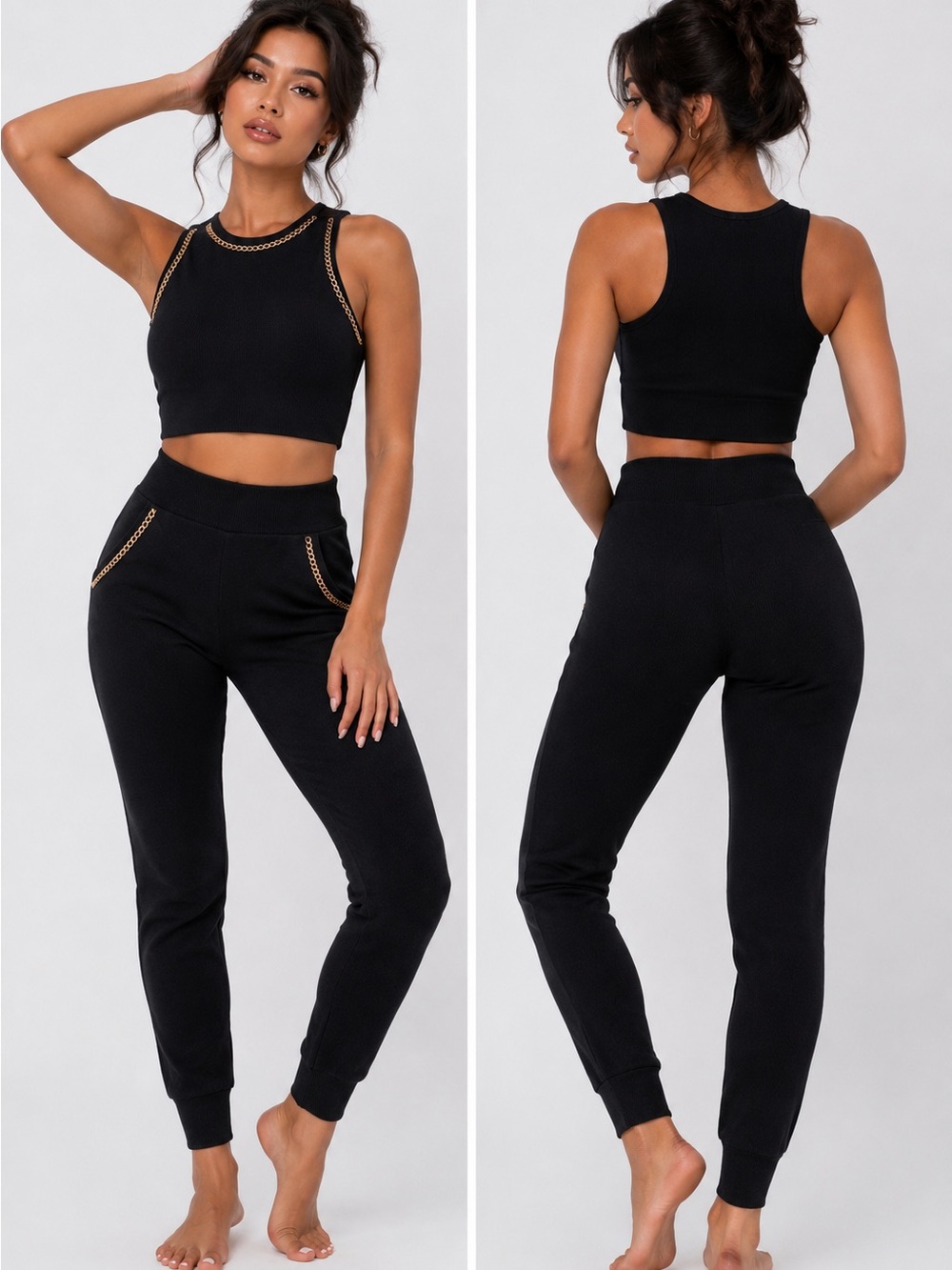 Women's Black Cropped Tank and Jogger Set with Gold Chain Trim